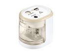 A beige and white electric pencil sharpener with two sharpening holes.