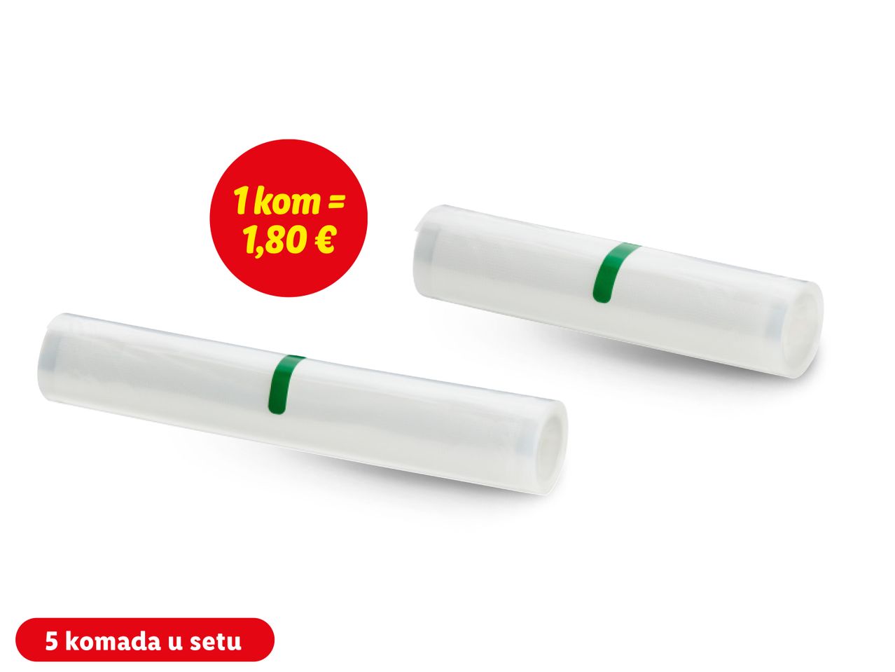 Dva rola vakuumske folije za pakiranje hrane, 5 komada u setu, 1,80 € po komadu.