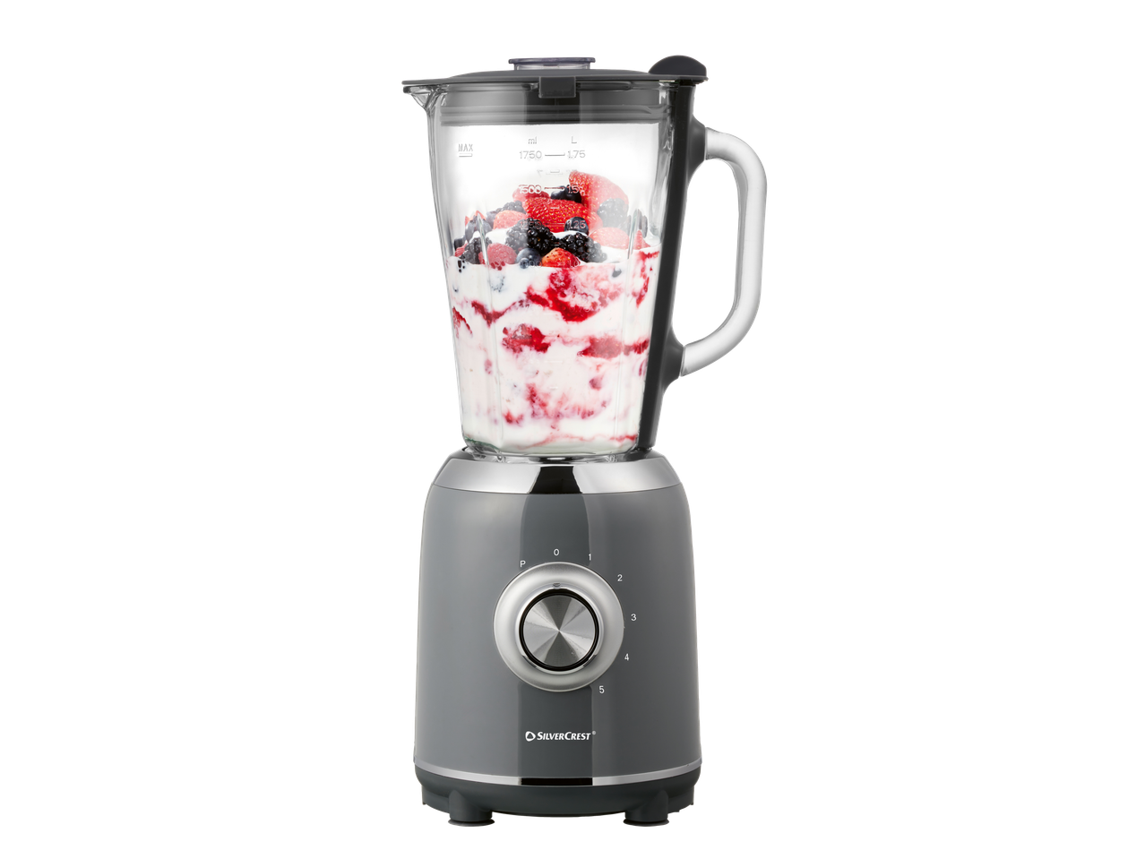 En grå SilverCrest-mixer med bär och yoghurt.