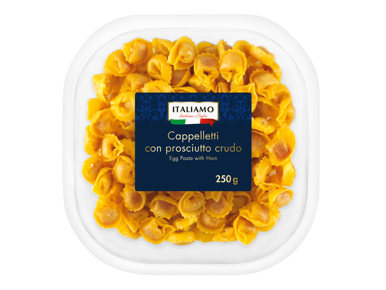 Cappelletti con prosciutto crudo (pâtes aux œufs avec jambon) dans un emballage de 250g.