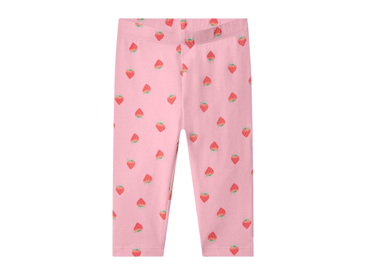 Pink children's leggings with a strawberry pattern.