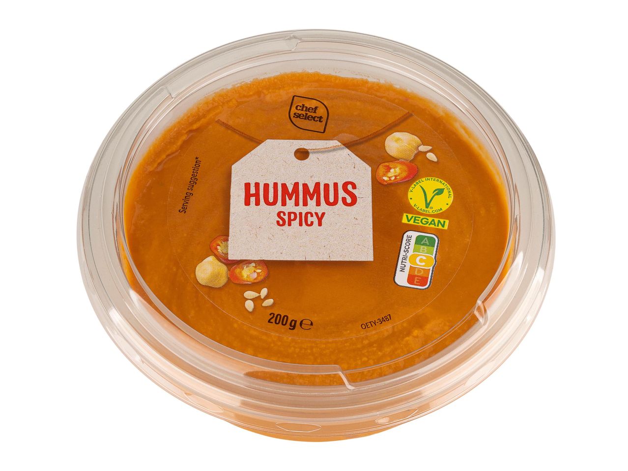 Chef Select fűszeres hummus, 200g, vegán és Nutri-Score C minősítéssel.