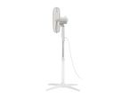 A white pedestal fan with a three-legged base.