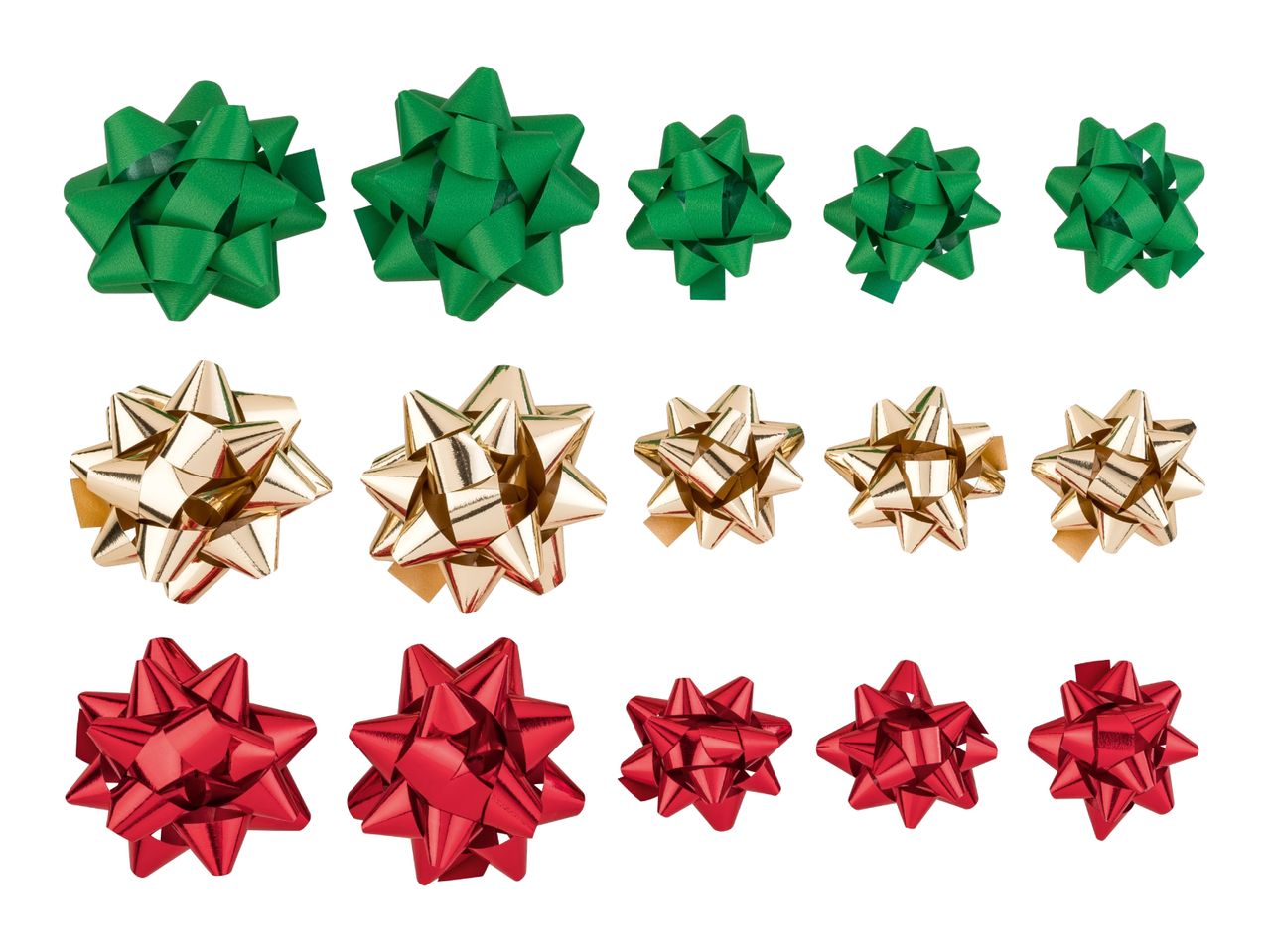 Green, gold, and red gift bows in various sizes.