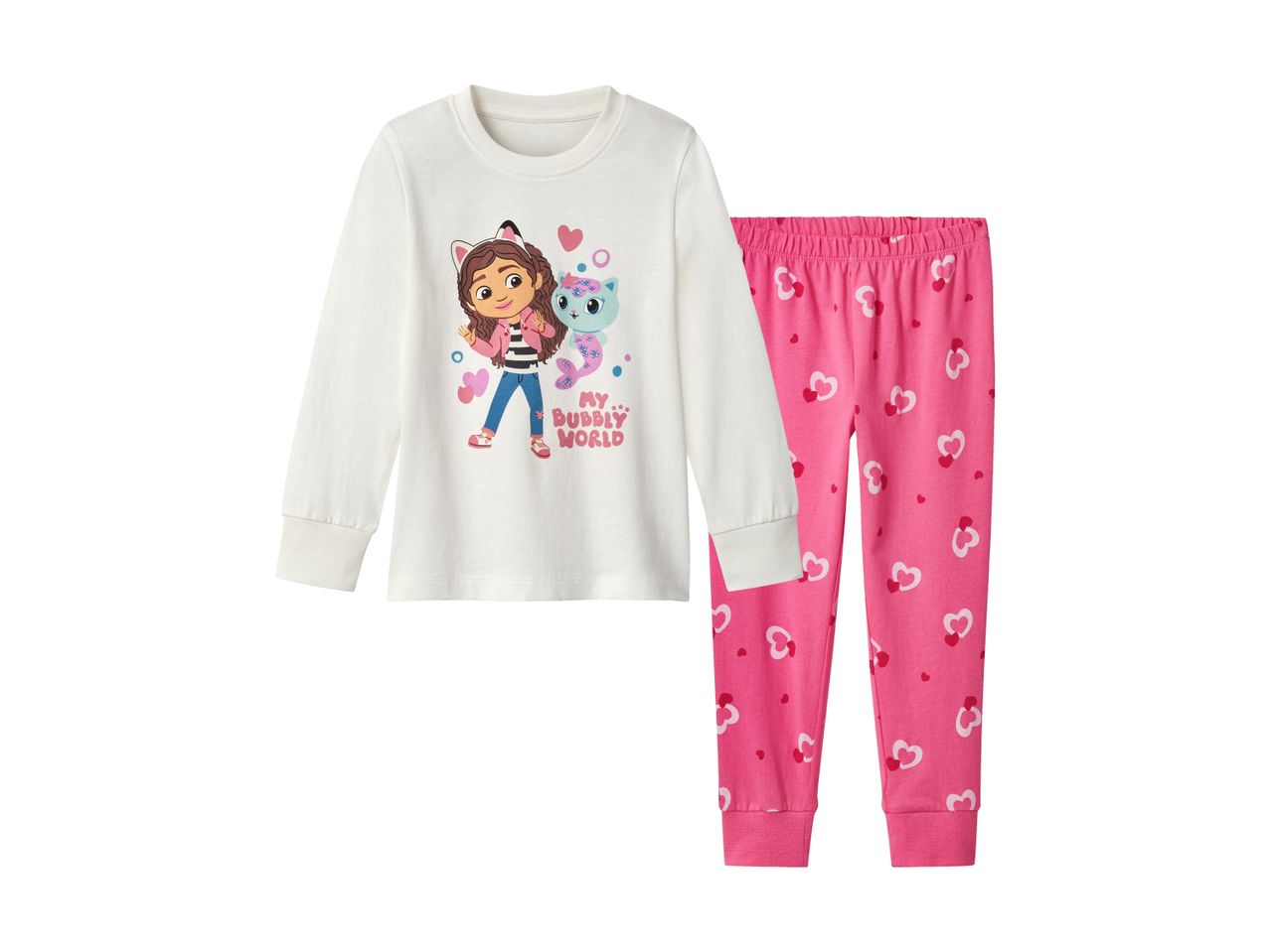 White long-sleeve pajama top with a cartoon character print and pink heart-patterned bottoms.