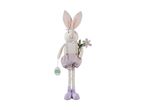 Easter bunny plush toy in purple overalls holding a flower and a 'Happy Easter' tag.