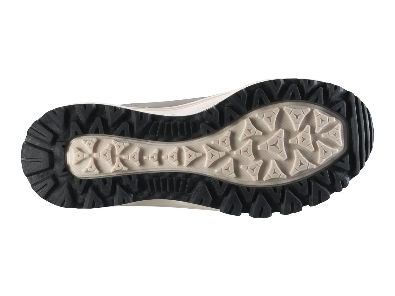 Sole of a grey and black hiking shoe with a deep tread pattern
