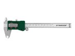 A digital caliper with a green body and a display showing '-18.888' in inches and millimeters.