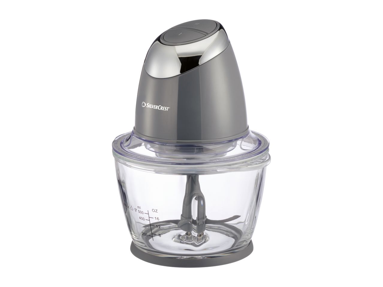 A SilverCrest food chopper with a grey motor unit and a clear glass bowl.