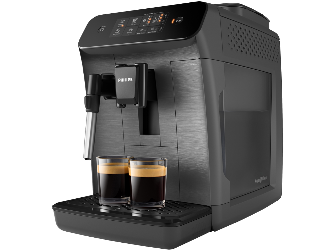 Espressor automat PHILIPS cu două cești de espresso.