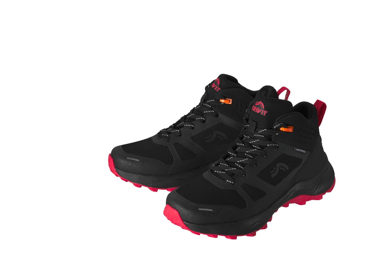 Two black and red Crivit hiking boots with waterproof features.