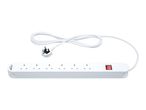 White 4-way extension lead with a red power switch and a UK plug.