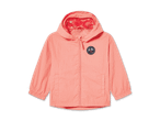 Lachsfarbene Kinderjacke mit Kapuze und Reißverschluss.