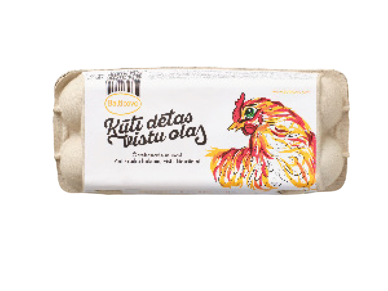 Olu iepakojums ar vistu un uzrakstu 'Kūti dētas vistu olas'.