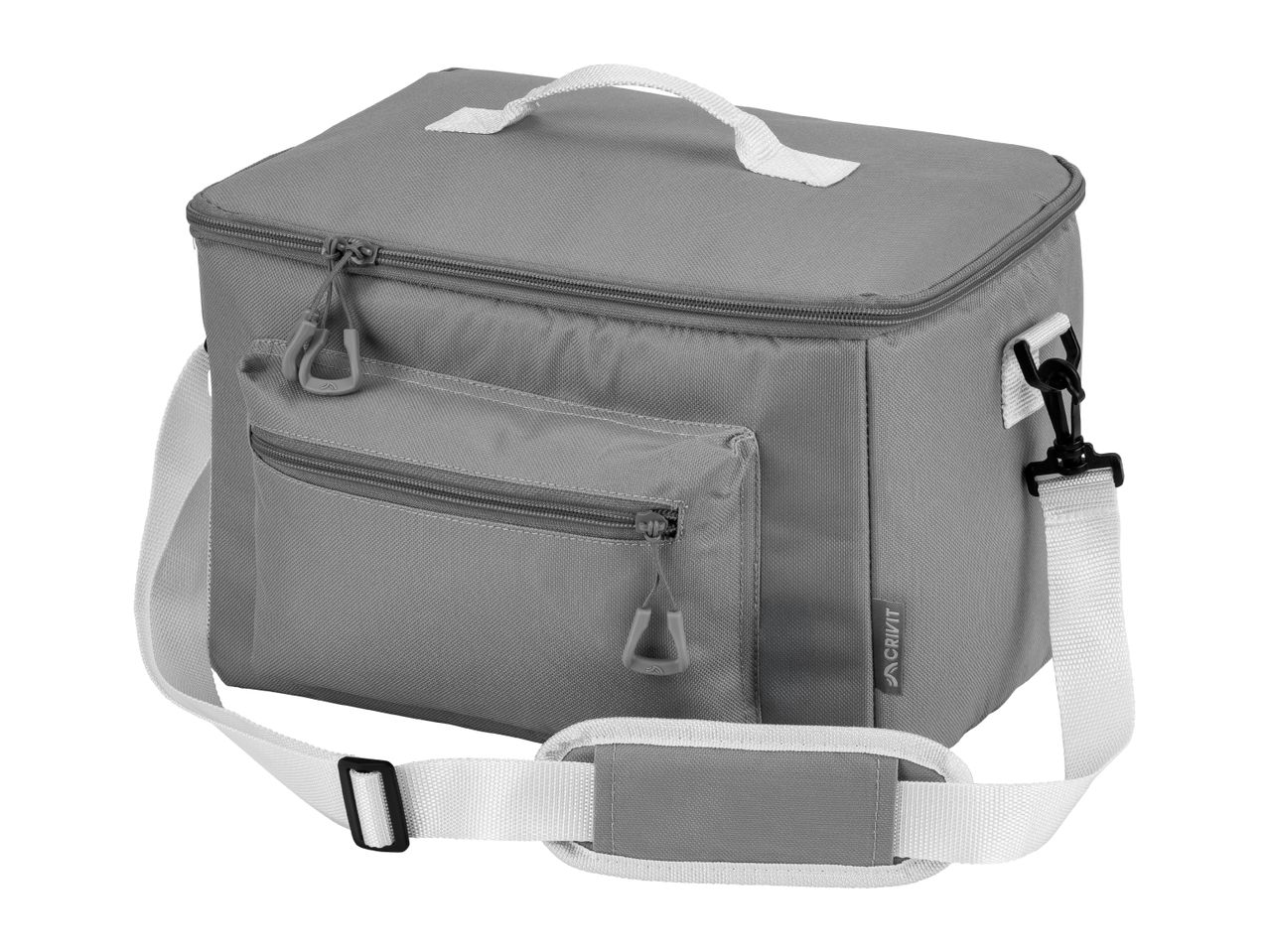 Grey cooler bag with a top handle, front pocket, and adjustable shoulder strap.