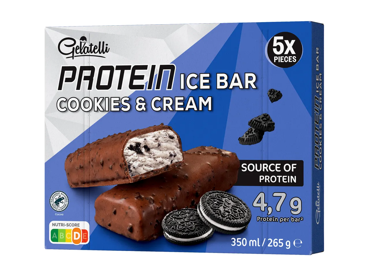 Škatla sladolednih lučk Gelatelli Protein Ice Bar z okusom piškotov in smetane.