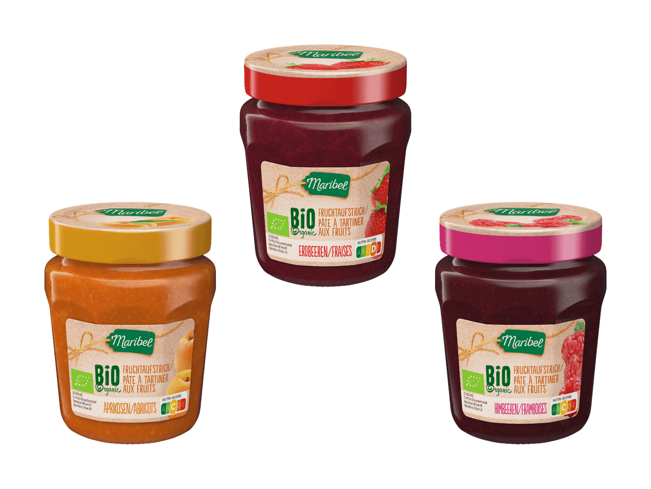 Drei Gläser Bio-Fruchtaufstrich mit Aprikosen, Erdbeeren und Himbeeren.
