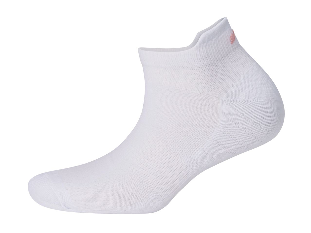 White athletic sock with a small pink logo on the ankle