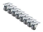 Six gray caster wheels with metal plates are arranged in a row.