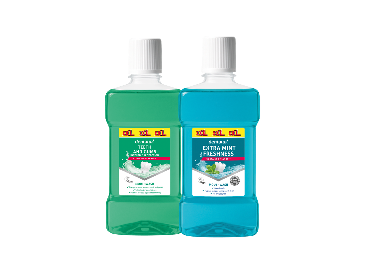 Dvije boce Dentalux XXL vodice za ispiranje usta: jedna za zube i desni, druga za ekstra svježinu mente.