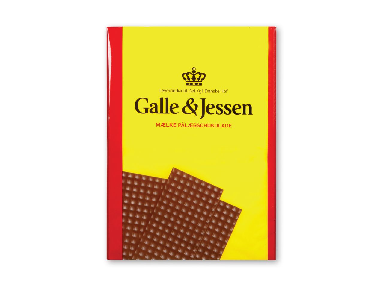 En gul pakke Galle & Jessen chokoladeknapper.