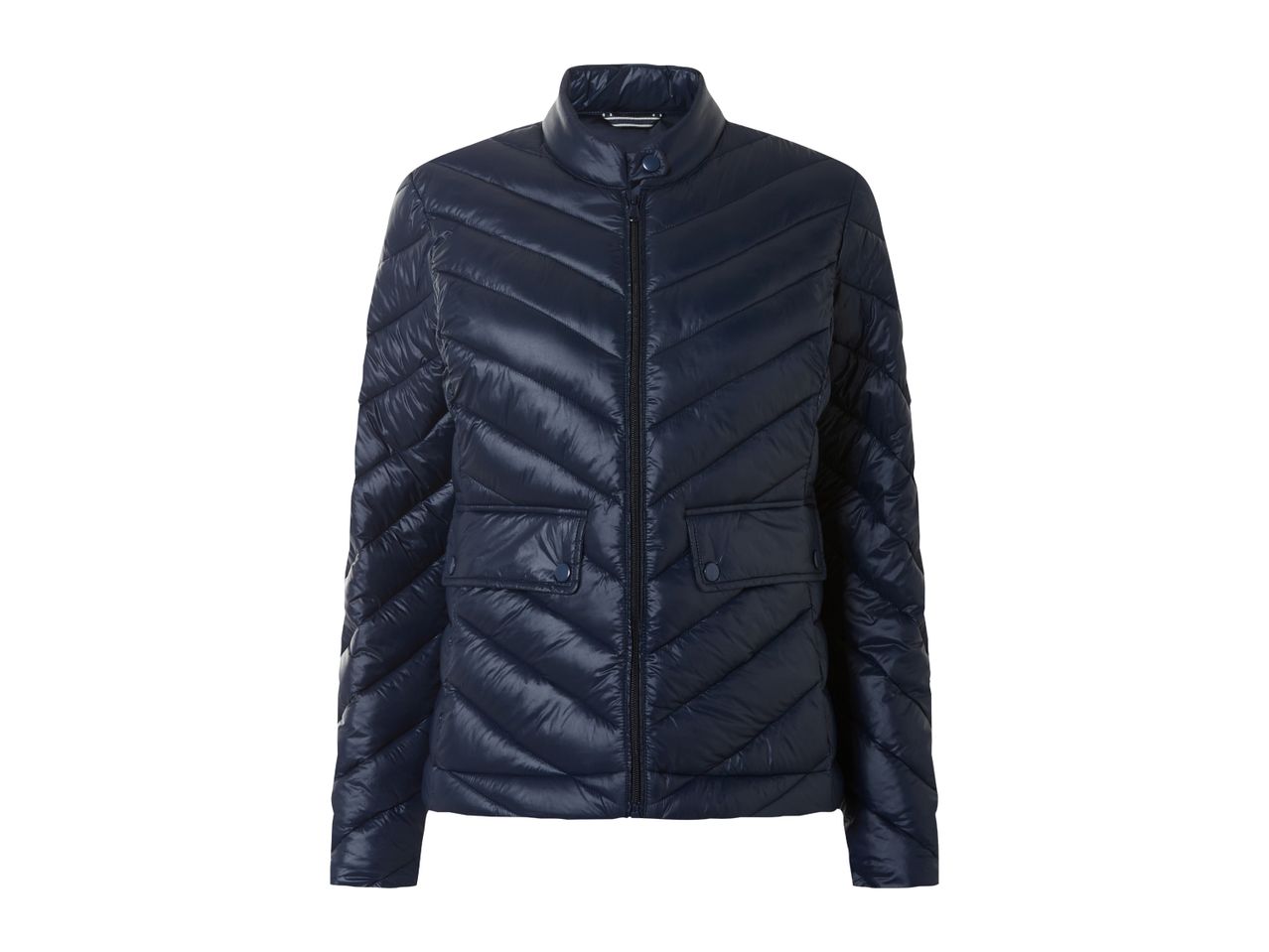 Dark blue quilted puffer jacket with a stand-up collar and front pockets