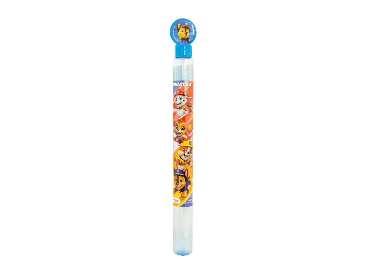 Paw Patrol themed bubble wand with characters like Chase, Marshall, Skye, and Rubble.