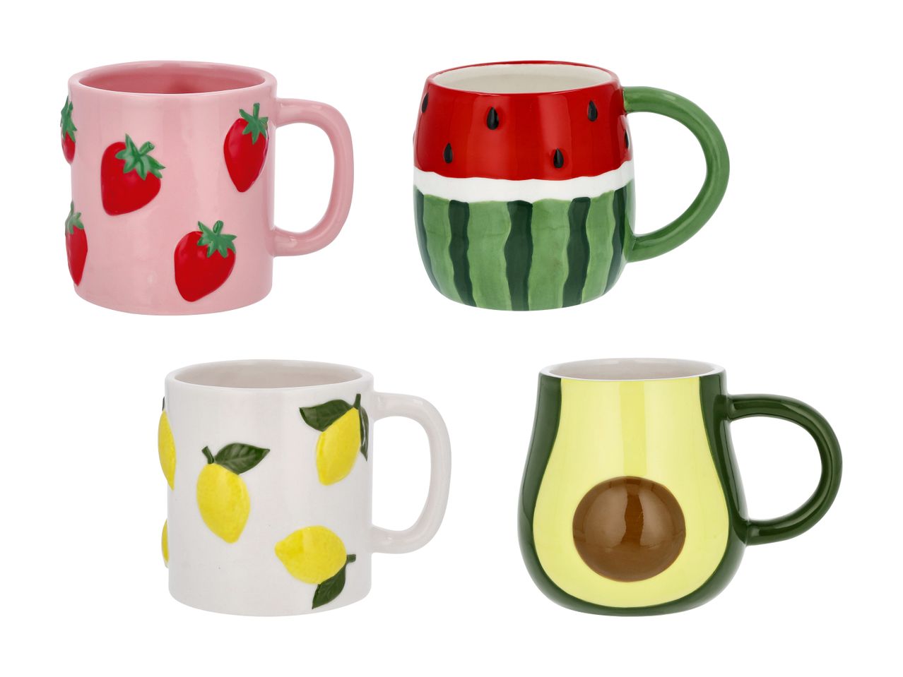 Frugtformede krus: jordbær, vandmelon, citron og avocado.