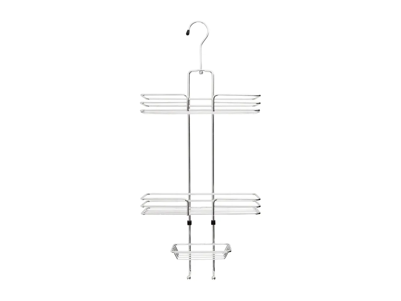 Chrome shower caddy with two shelves and a soap dish.
