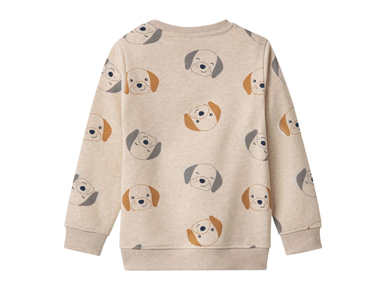 Beige long-sleeved sweatshirt with a pattern of cartoon dog faces.