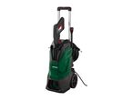 Green and black pressure washer with a hose reel and a spray gun.