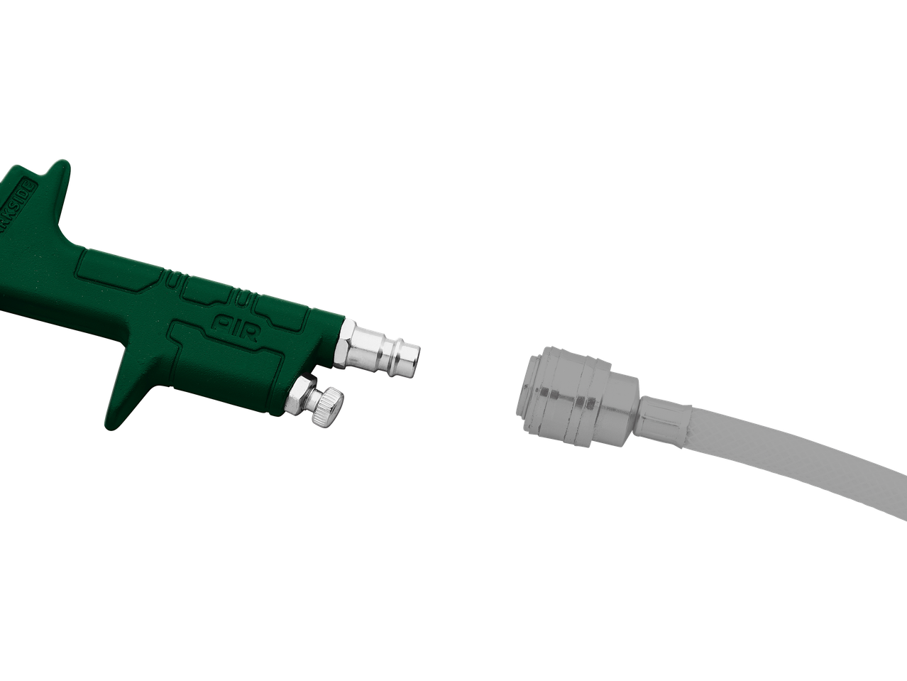 Zeleni Parkside pištolj za farbanje sa crevom za komprimovani vazduh na crnoj pozadini.