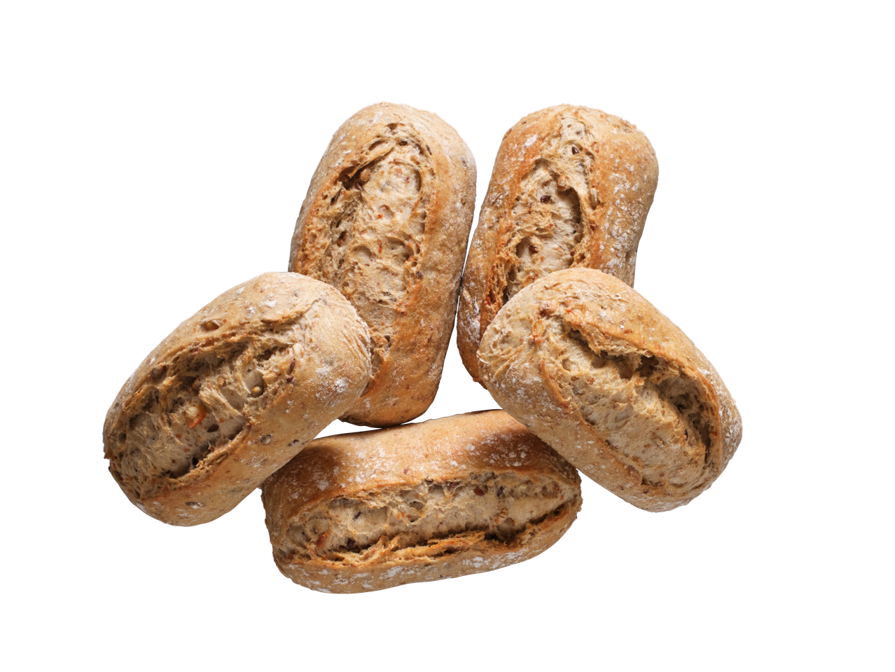 Viis krõbedat mitmevilja kuklit, mis on laiali laotatud mustal taustal