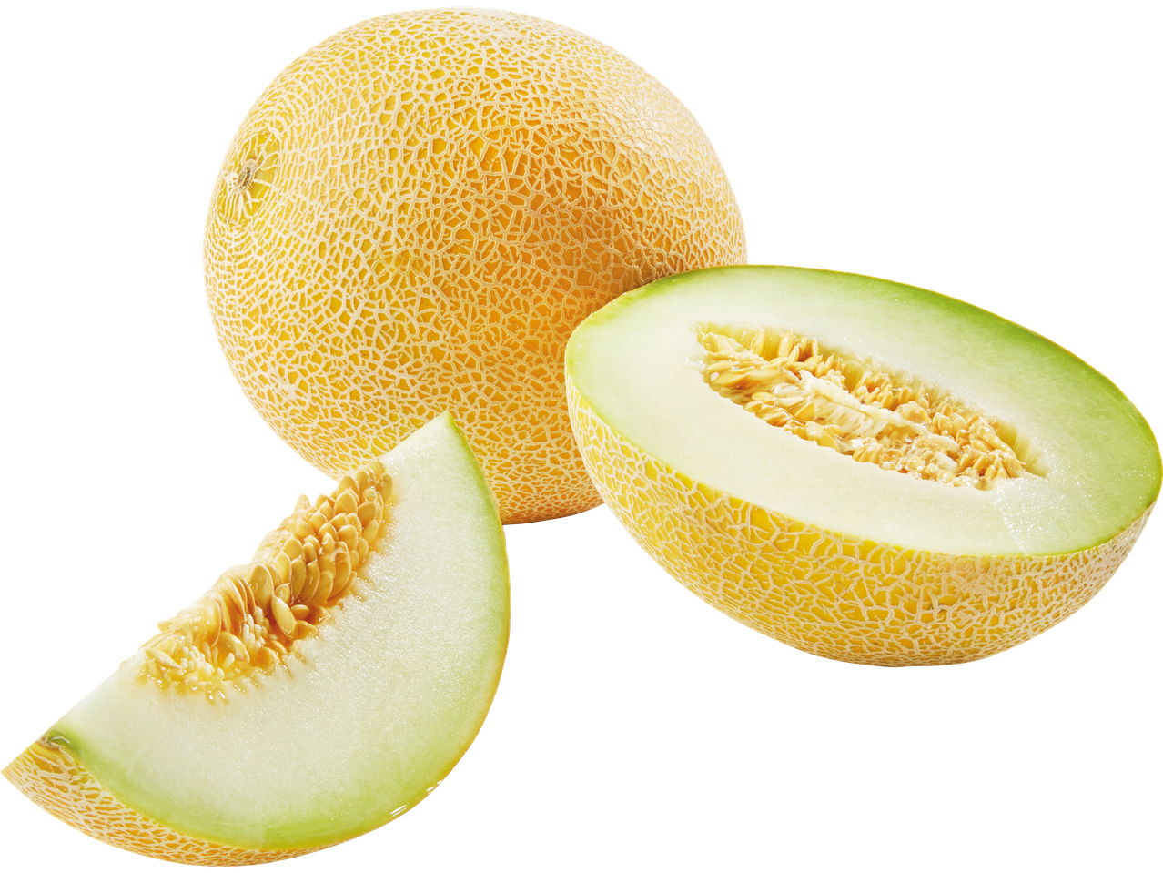 En hel cantaloupemelon, en halva och en skiva visas.