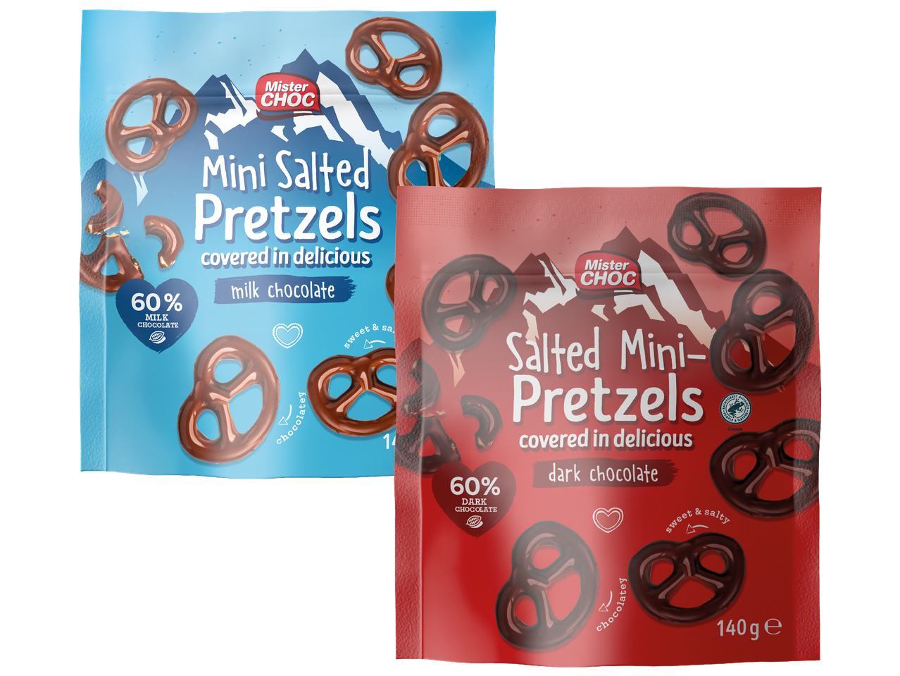 Två påsar med Mini Salted Pretzels, en med ljus chokladöverdrag och en med mörk chokladöverdrag