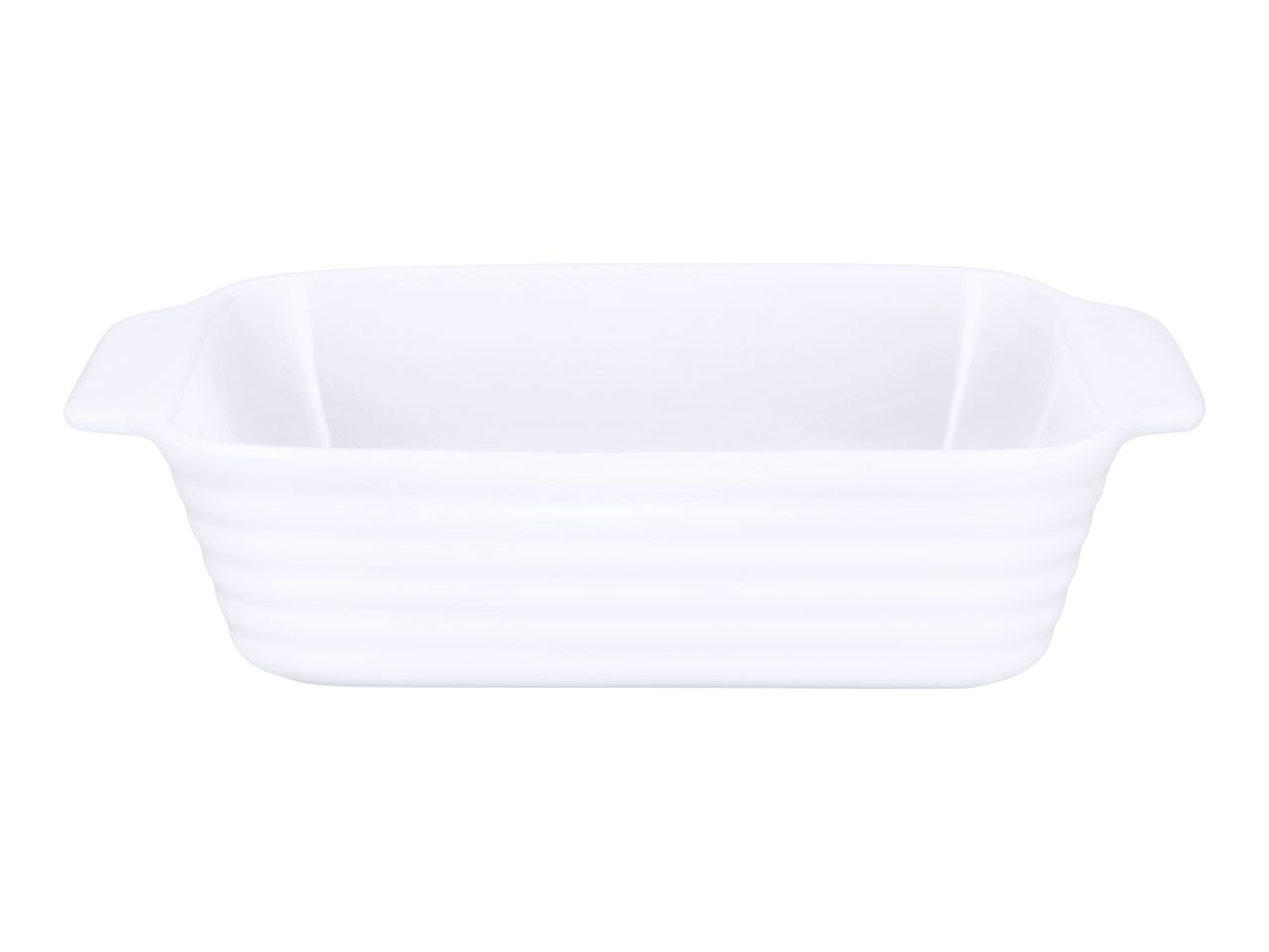 White rectangular ceramic baking dish with ribbed sides and small handles