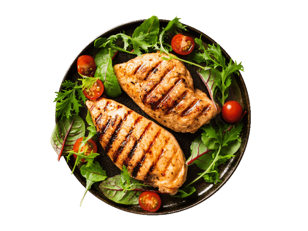 Taldrikul grillitud kanafilee värske salati ja kirsstomatitega.