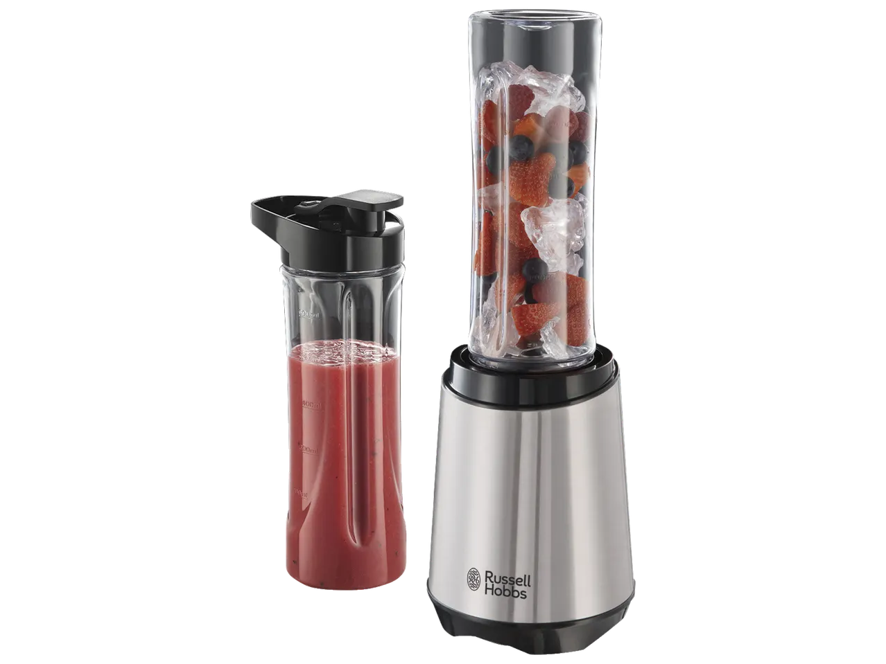 Blender Russell Hobbs cu o sticlă plină cu smoothie și una cu fructe și gheață.