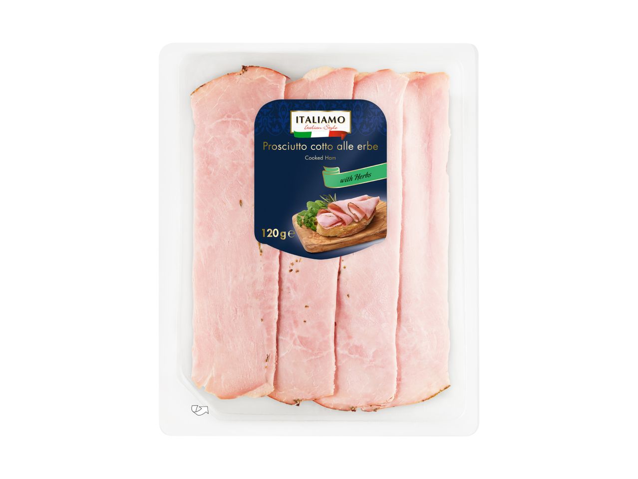 Pack of cooked ham with herbs, 120g, Italian style.