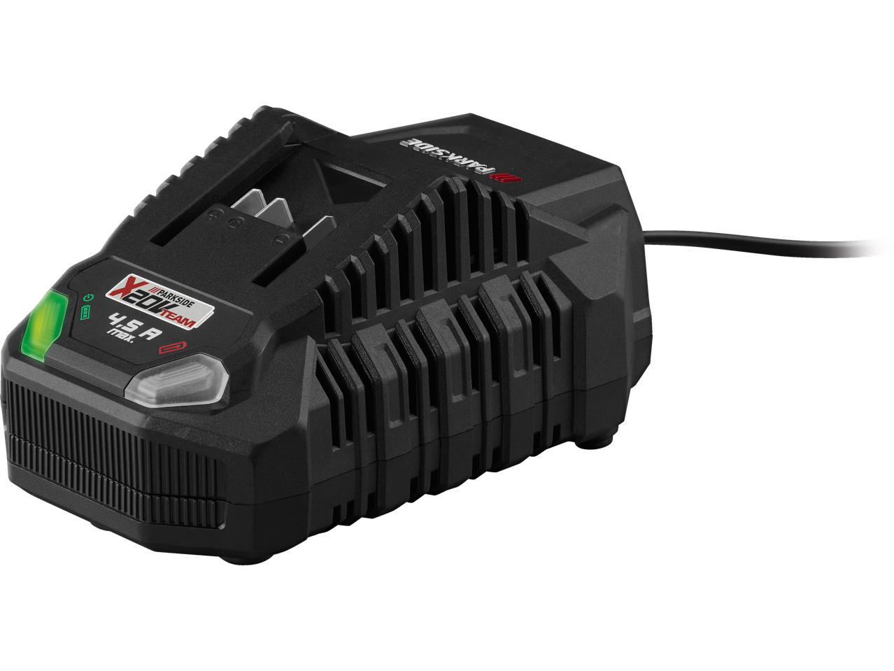 Зарядно устройство за батерии Parkside X 20V Team със зелен индикатор за зареждане.