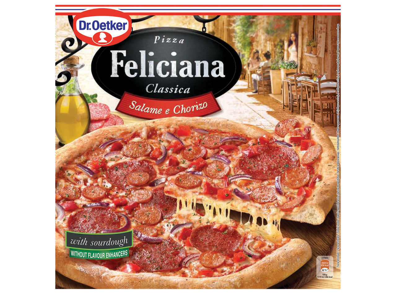 Замразена пица Feliciana Classica със салам и чоризо, с квас и без подобрители на вкуса.