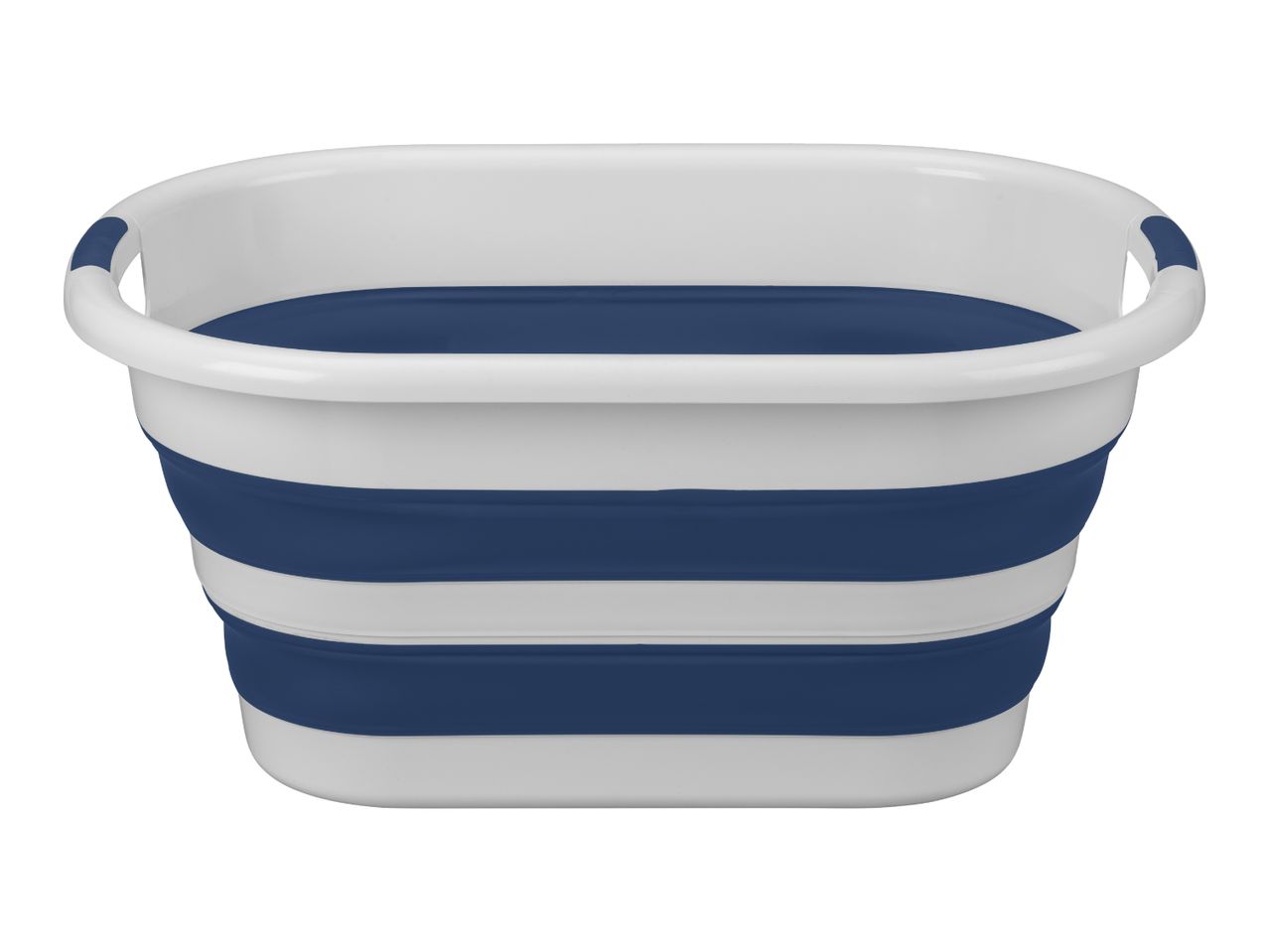 Collapsible laundry basket with white and blue stripes