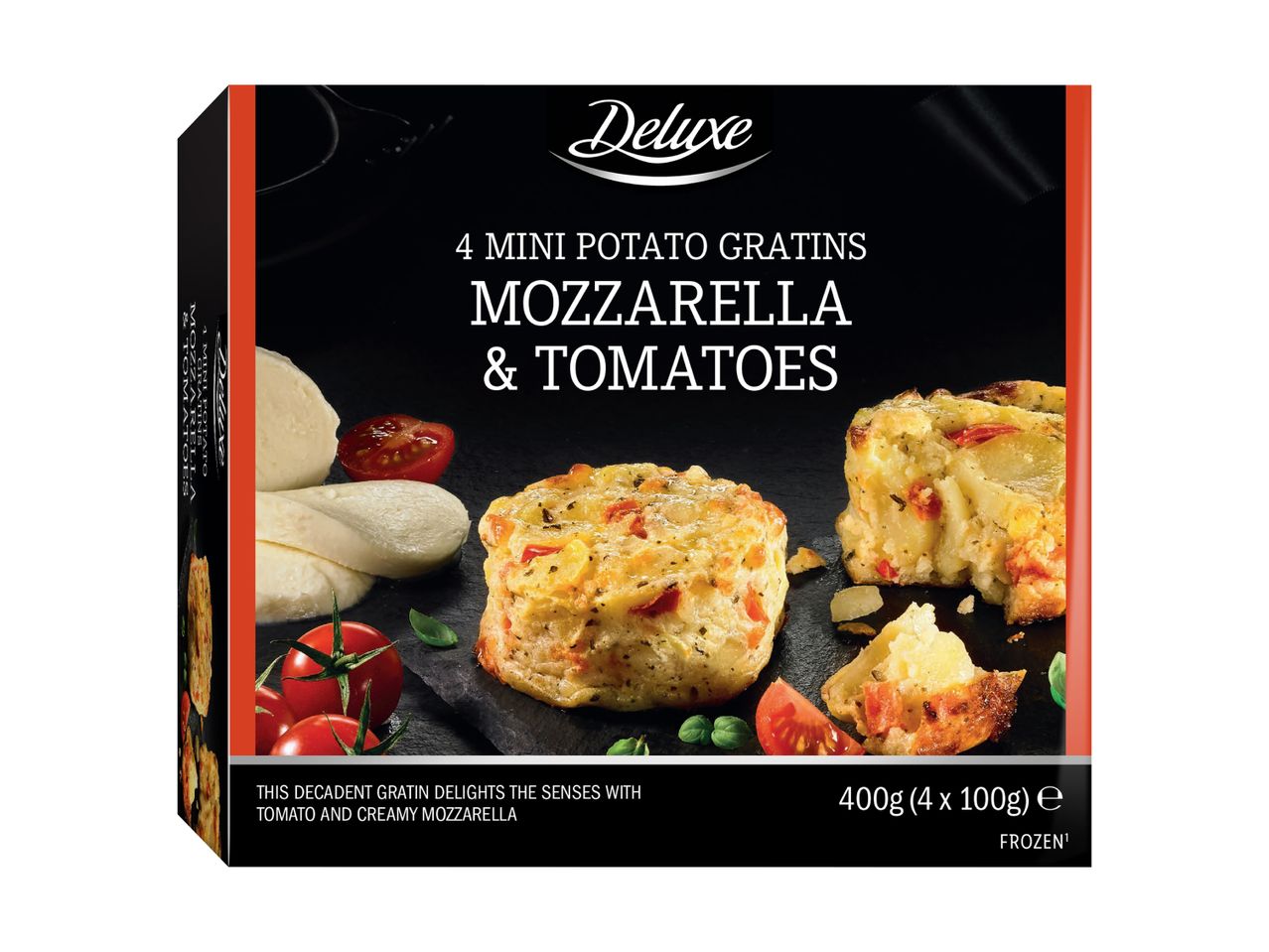 Deluxe 4 Mini Potato Gratins with Mozzarella & Tomatoes, 400g frozen.