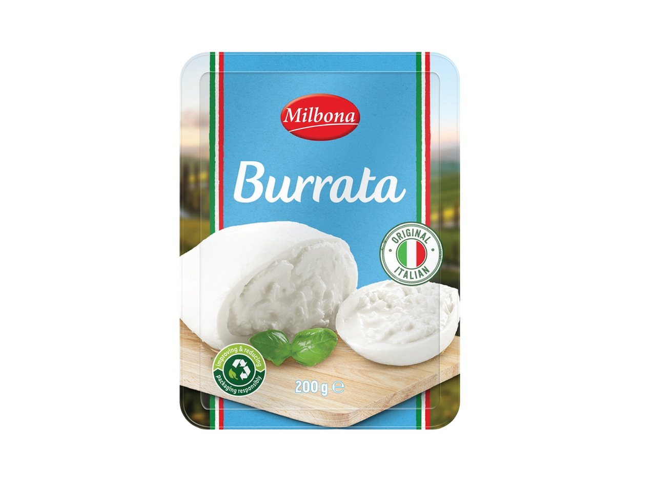 Pakovanje burate sa natpisom „Original Italian“ i „200 g e“.
