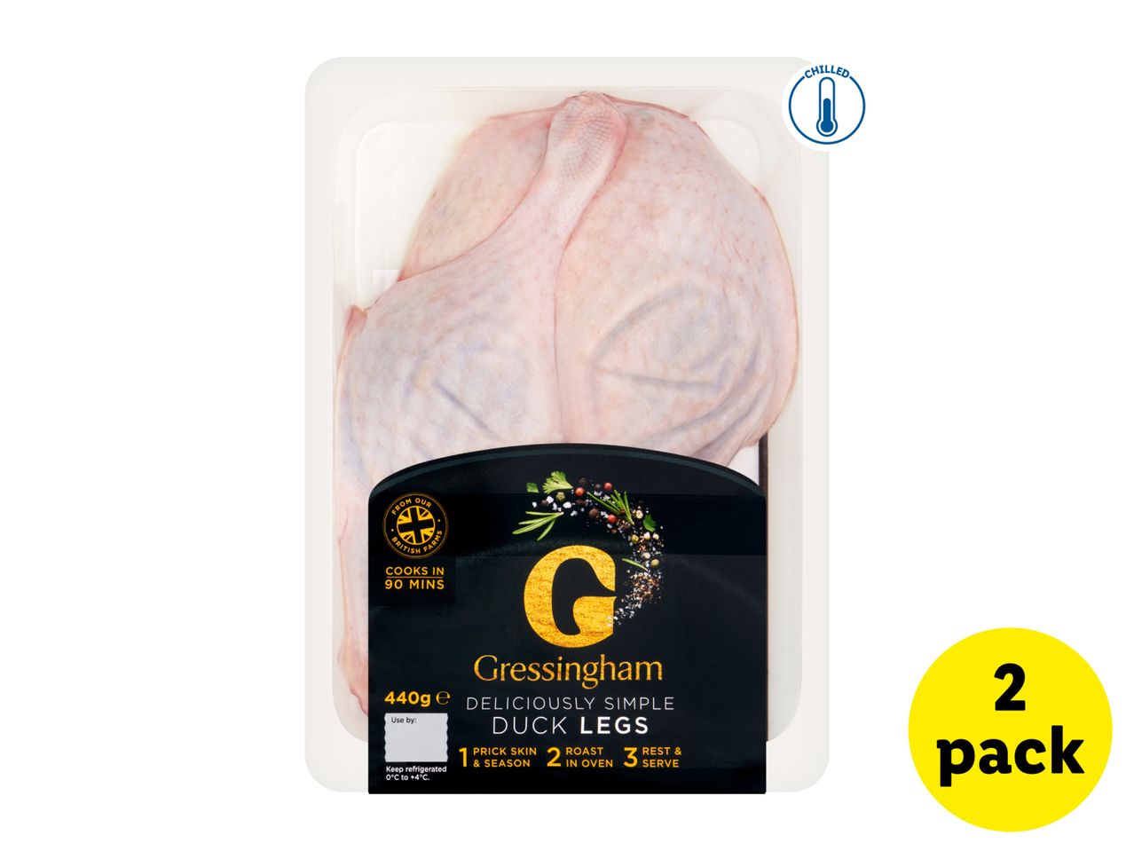 Chilled duck legs, 2-pack, 440g, cooks in 90 mins, from British farms.