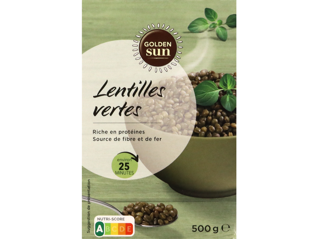GOLDEN SUN Lentilles vertes, riches en protéines, fibres et fer, 500g.