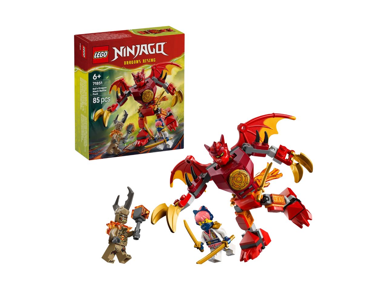 Ninjago Kai's Dragon Mech Battle Pack with a red dragon mech and two minifigures.