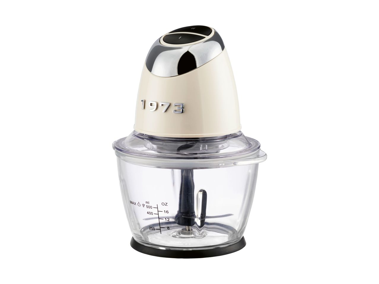 A cream and chrome food chopper with a clear measuring bowl.