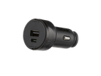 Încărcător auto negru cu porturi USB-A și USB-C