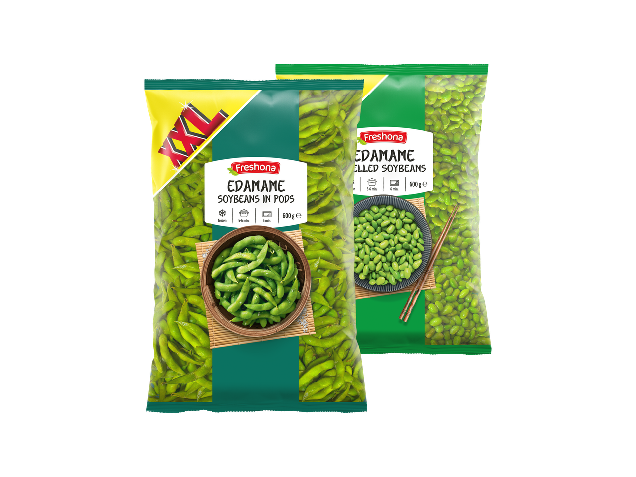 Dvije vrećice Freshona Edamame soje, jedna u mahunama i jedna oljuštena, obje 600g.